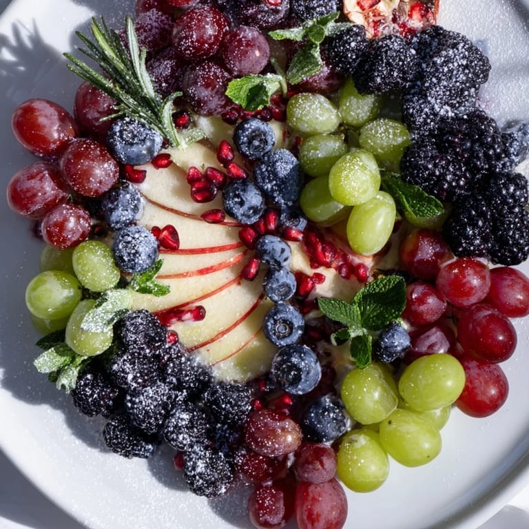 Vibrant Winter Berry Wreath Fruit Board overflowing with red grapes, blueberries, and a fresh rosemary garnish for holidays.