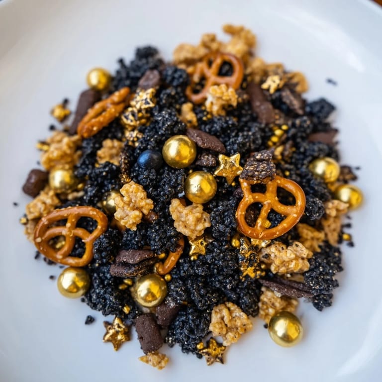 A bowlful of delicious Gold and Black Midnight Snack Mix with a crunchy texture.