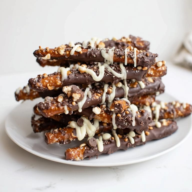 Close-up of a finished chocolate covered pretzel stick stack, showcasing layers of crunchy and sweet textures.