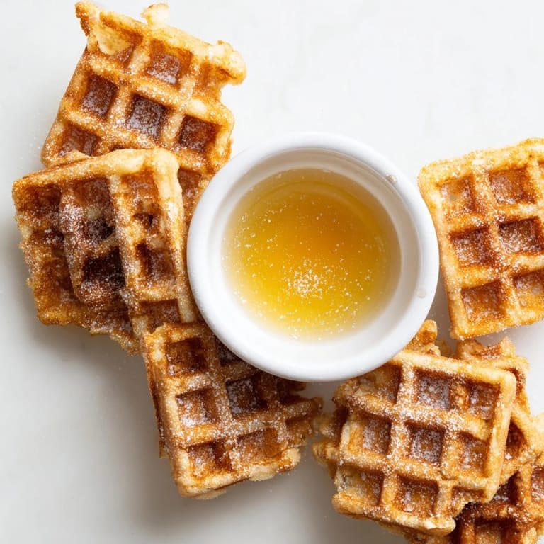 Crispy waffle quarters perfect for dipping in warm maple syrup, a delicious treat for breakfast.
