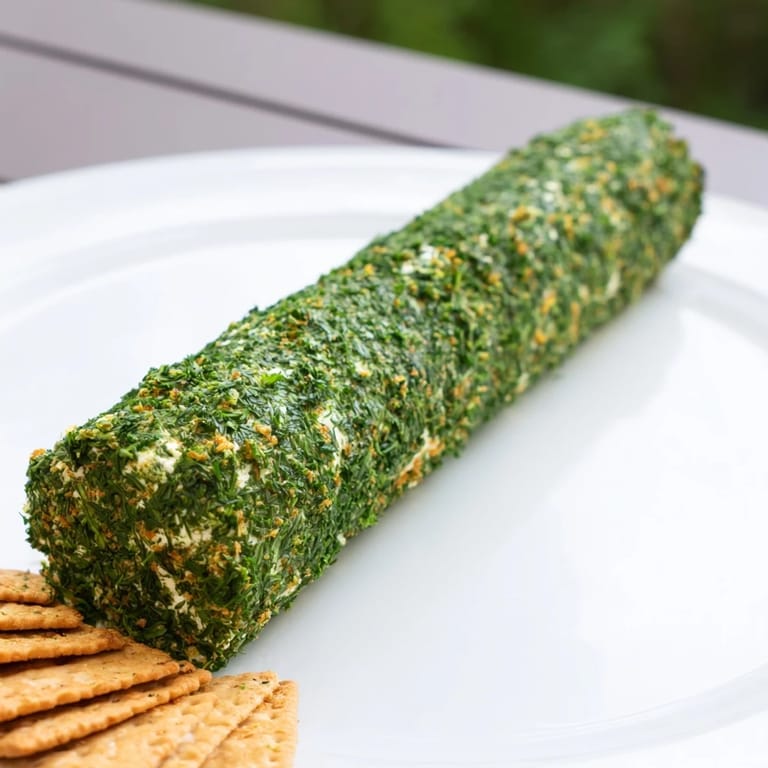 Freshly made Herb-Coated Cheese Log, coated in green herbs, ready to be spread on crackers.