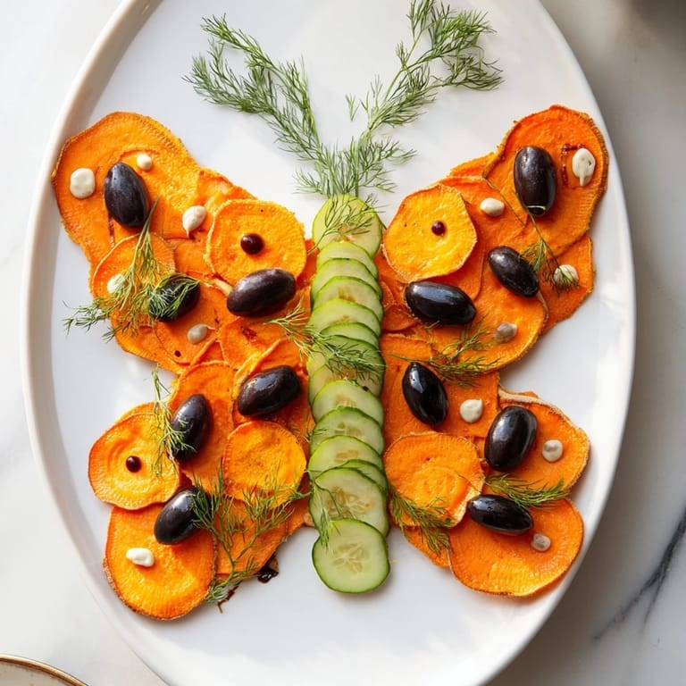 Detailed close-up of beautifully arranged Monarch Butterfly Wings with black olives and sweet orange elements.