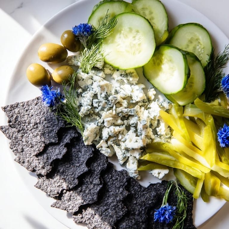 Vibrant Deep Sea Ocean Wave appetizer ready to eat, artfully arranged with fresh fruit and olives.