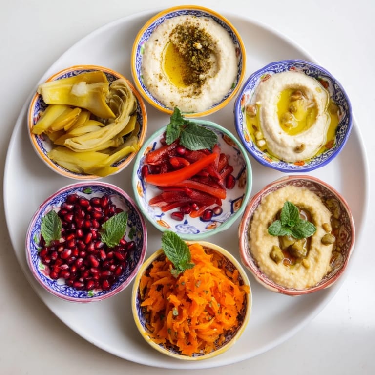 A delicious close-up of the Moroccan Tile Mosaic, featuring various flavorful dips and toasted pita.