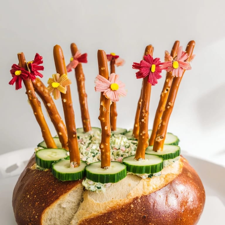 A vibrant photo of the Desert Cactus Bloom appetizer, featuring a round bread base dotted with pretzel "spines."