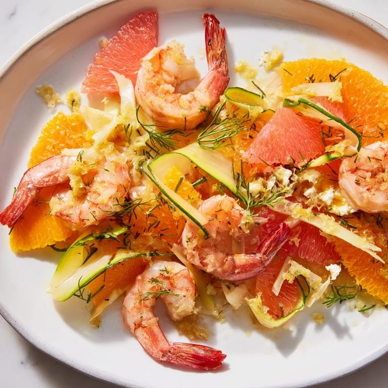 Vibrant The Coral Reef recipe showcasing pink shrimp, bright citrus, and fresh herbs, perfect for pescatarians.