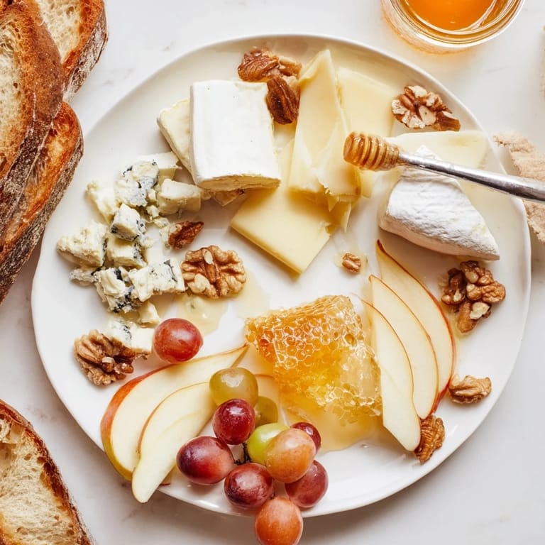 Arranged cheese board with a vibrant Honeycomb, Honey & Cheese selection, perfect for serving appetizers guests.