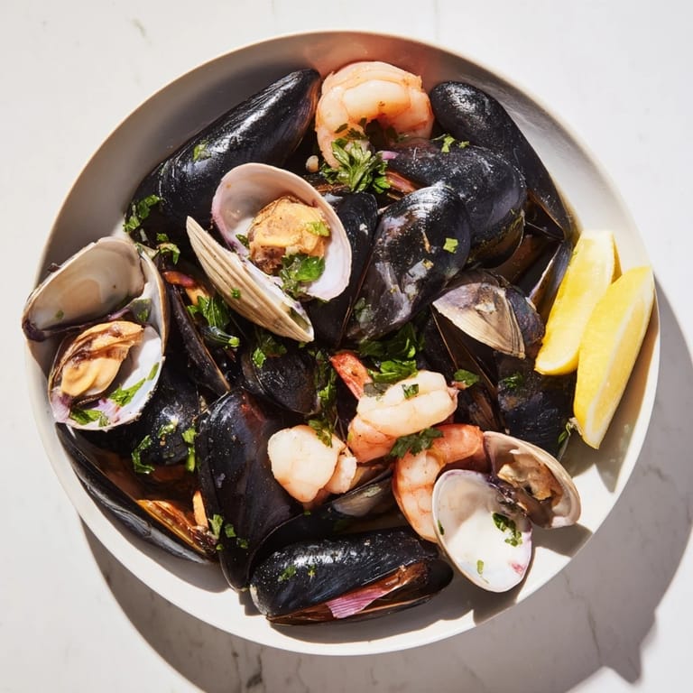 Enjoy the succulent Shellfish & Seafood Medley, a French-inspired recipe with aromatic broth and lemon wedges.