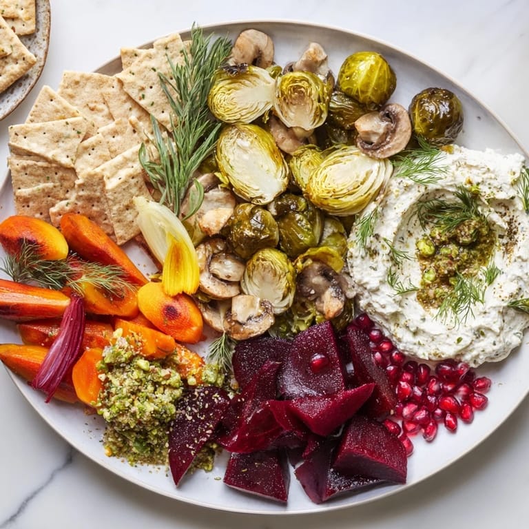 Crisp crackers surround this Pine Forest Winter Mezze Board, showcasing a feast of Mediterranean-inspired flavors & textures.