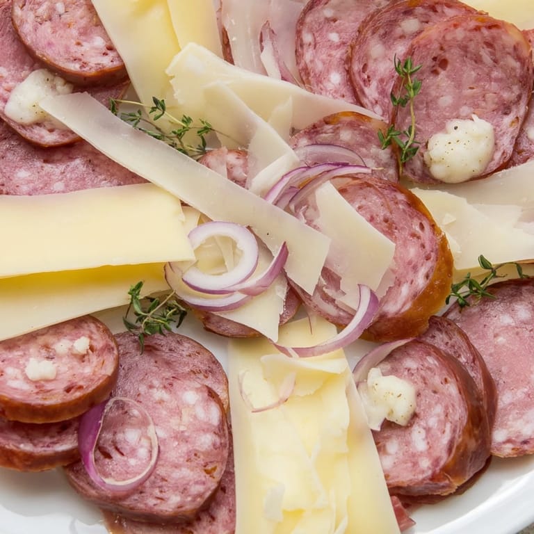 The Burlap & Lace charcuterie board overflows with rustic meats, shaved cheeses, and fresh garnishes, ready to savor.