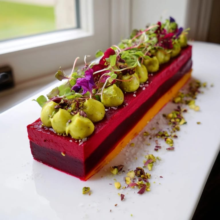 Beautiful presentation of The Modernist Stripe appetizer features colorful purées and artistic garnishes ready to serve.