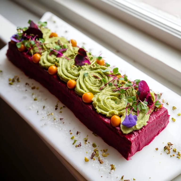 Clean white board with The Modernist Stripe showing a delicious line of layered purées for a vegetarian appetizer.