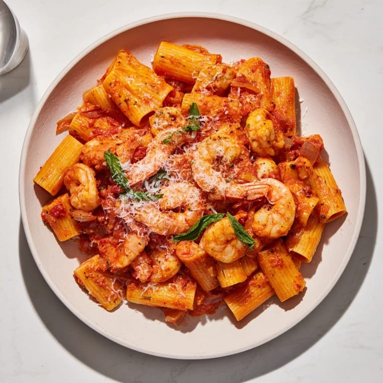 A close-up of steaming One-Pot Diavola Pasta, garnished with fresh basil and Parmesan cheese.