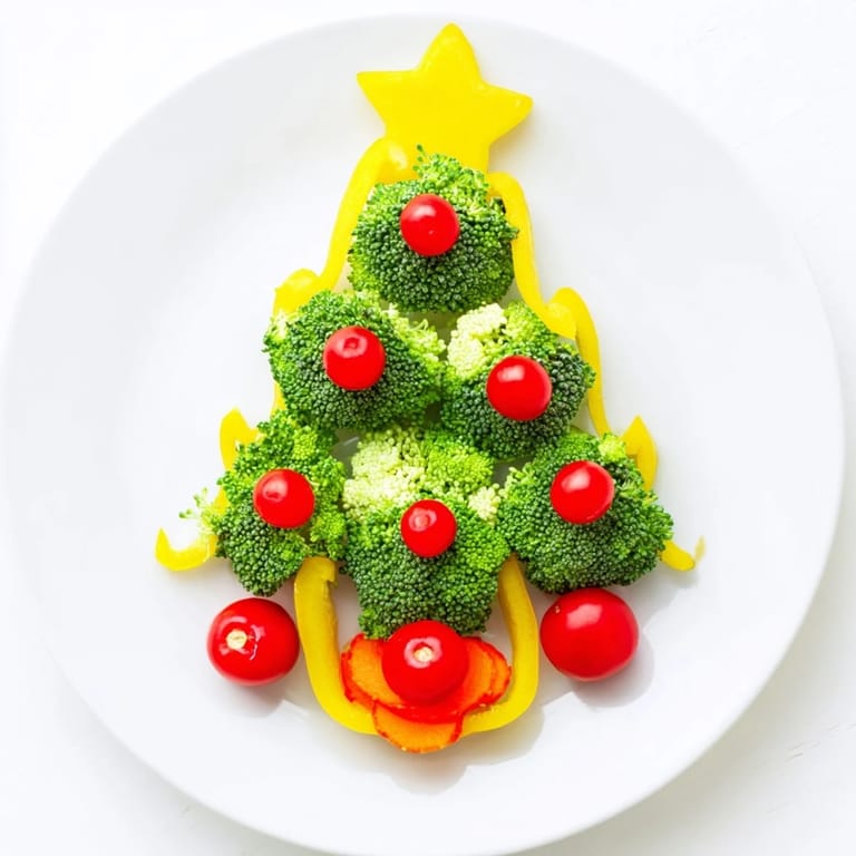 Festive Broccoli Tree appetizer, a healthy snack featuring colorful cherry tomatoes and crunchy broccoli.