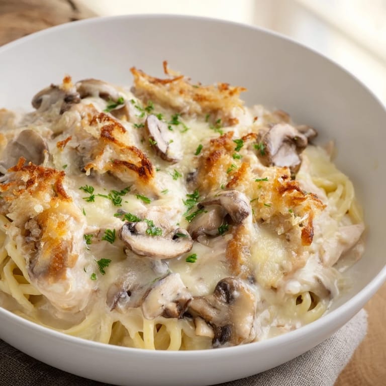 A warm, inviting image of Turkey Tetrazzini, a classic comfort food casserole with a golden crust.