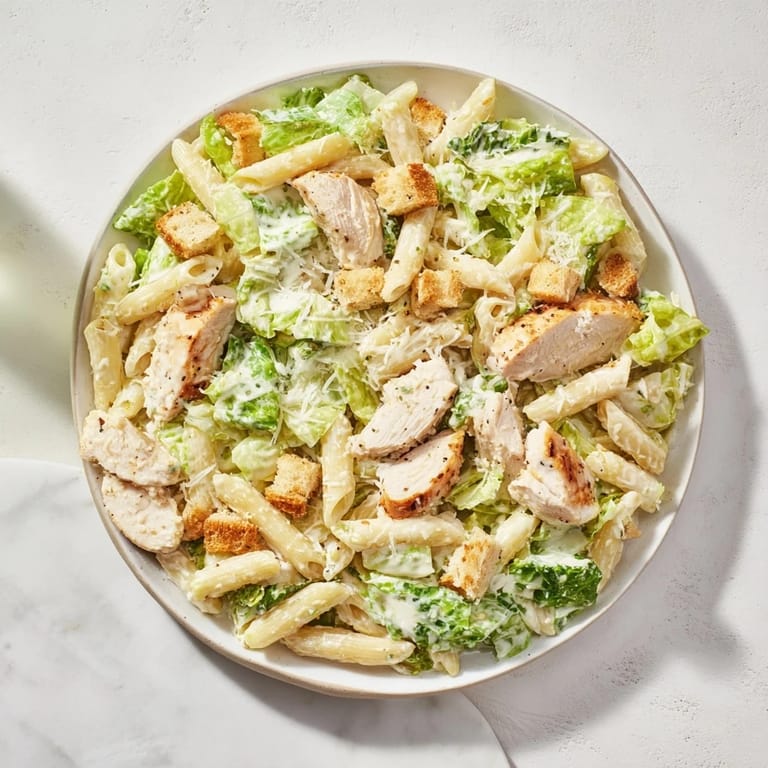 This colorful Chicken Caesar Pasta features juicy chicken, pasta, and vibrant pomegranate seeds with a great dressing.