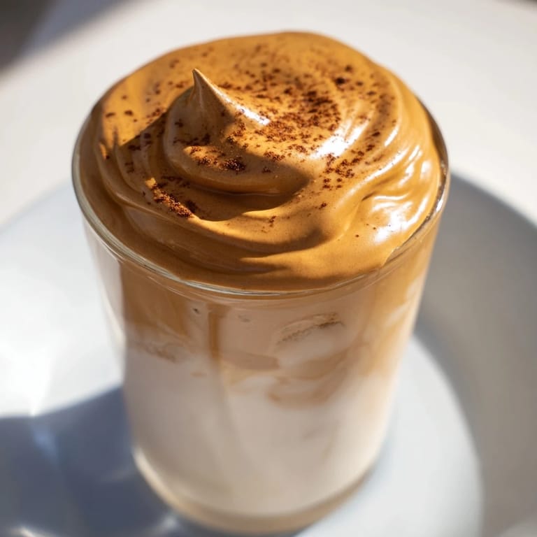 Thick and airy whipped brown sugar Dalgona coffee rests on a chilled glass of milk, refreshing.