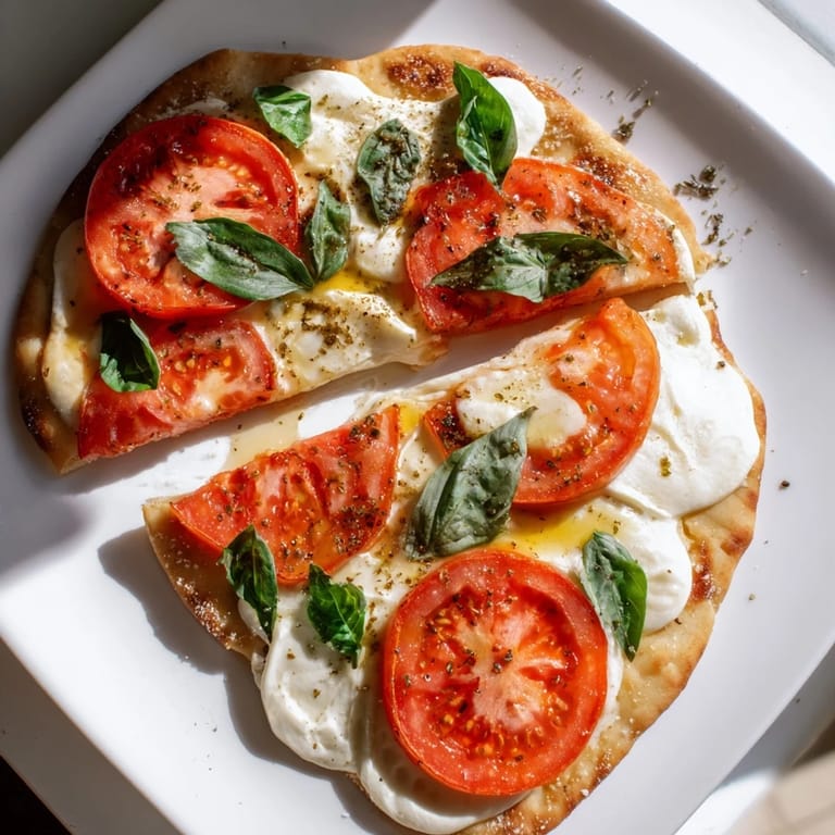 Homemade Quick Margherita Naan Pizza, a delightful flatbread featuring fresh basil and melted cheese.