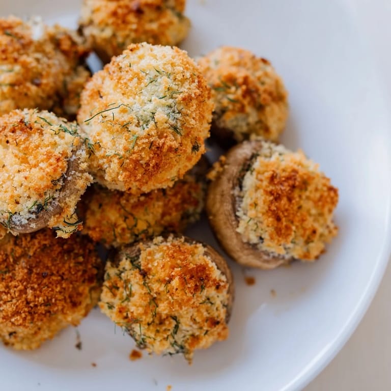 A plate of delicious Ranch-Seasoned Crispy Mushrooms, showing off their golden, crunchy coating ready to eat.