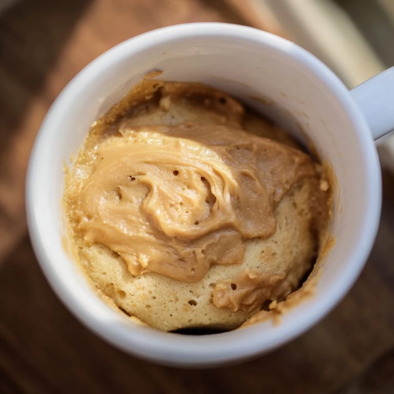 A single-serving 2-Minute Peanut Butter Mug Cake with melted peanut butter, ready in minutes.