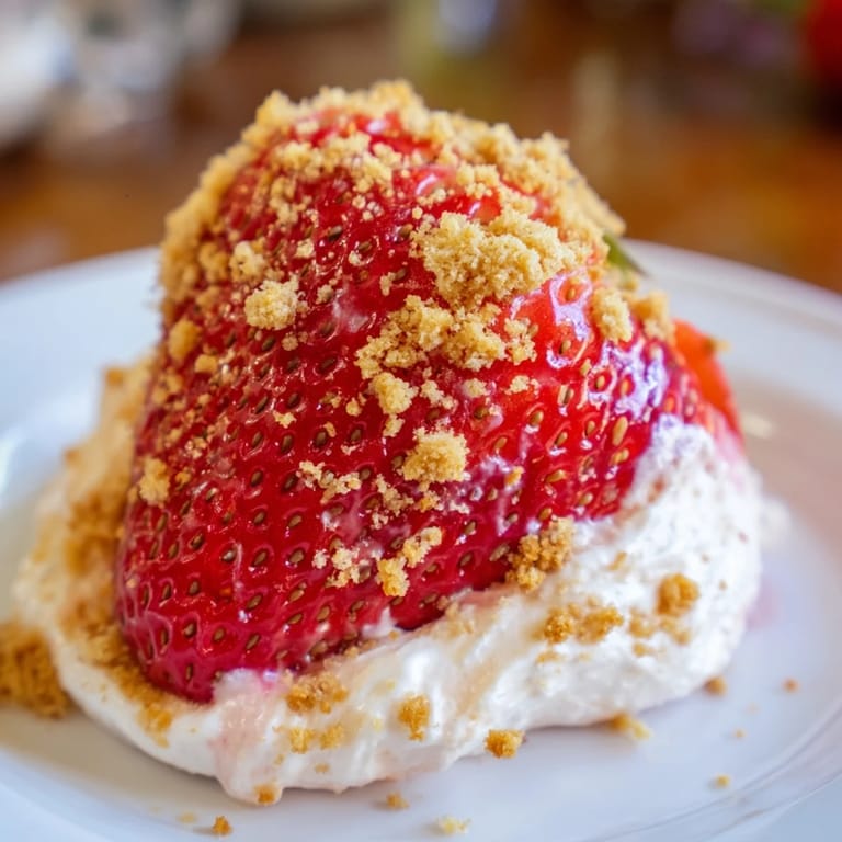 Creamy cheesecake filling overflowing the vibrant red of Cheesecake Stuffed Strawberries, garnished with crumbs.