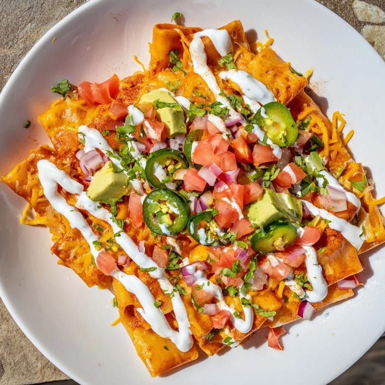 Pasta Chips Nachos: Crispy golden pasta chips topped with melted cheese, diced avocado, and vibrant salsa.