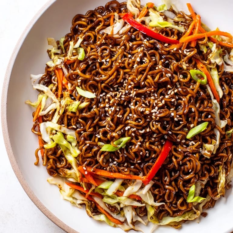 A delicious bowl of Spicy Ramen Stir Fry featuring glossy noodles and a sprinkle of sesame seeds.