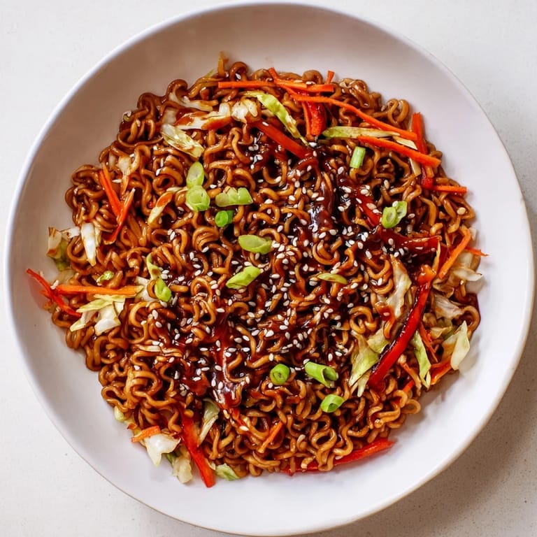 Close-up of Spicy Ramen Stir Fry, highlighting the red pepper flakes and tender-crisp vegetables.