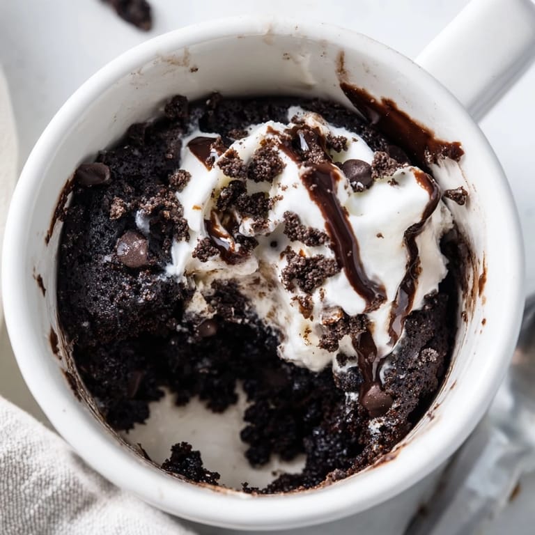 A steaming mug of Oreo Mug Cake, with optional chocolate chips, enticingly ready to eat.