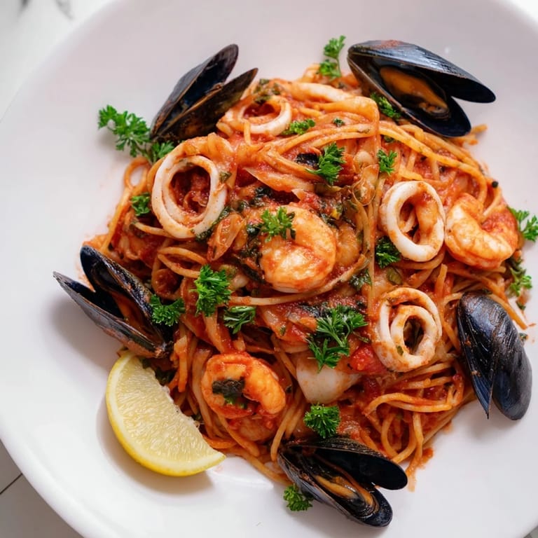 Enjoy delicious Seafood Marinara Pasta with plump shrimp, mussels, and a savory tomato sauce.
