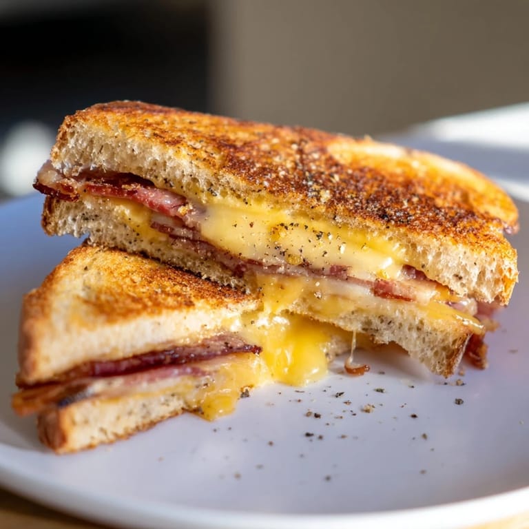 Savor the crispy, buttery perfection of a freshly made Crispy Bacon Cheddar Grilled Cheese, a comfort food classic.