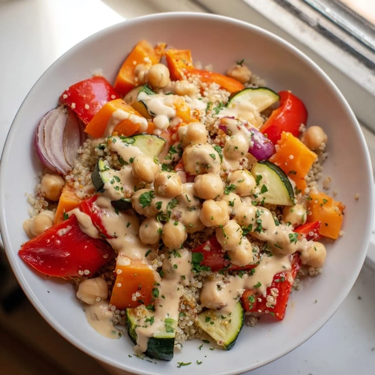 Freshly made Quinoa Power Salad with chickpeas, offering a symphony of textures and flavors on a plate.
