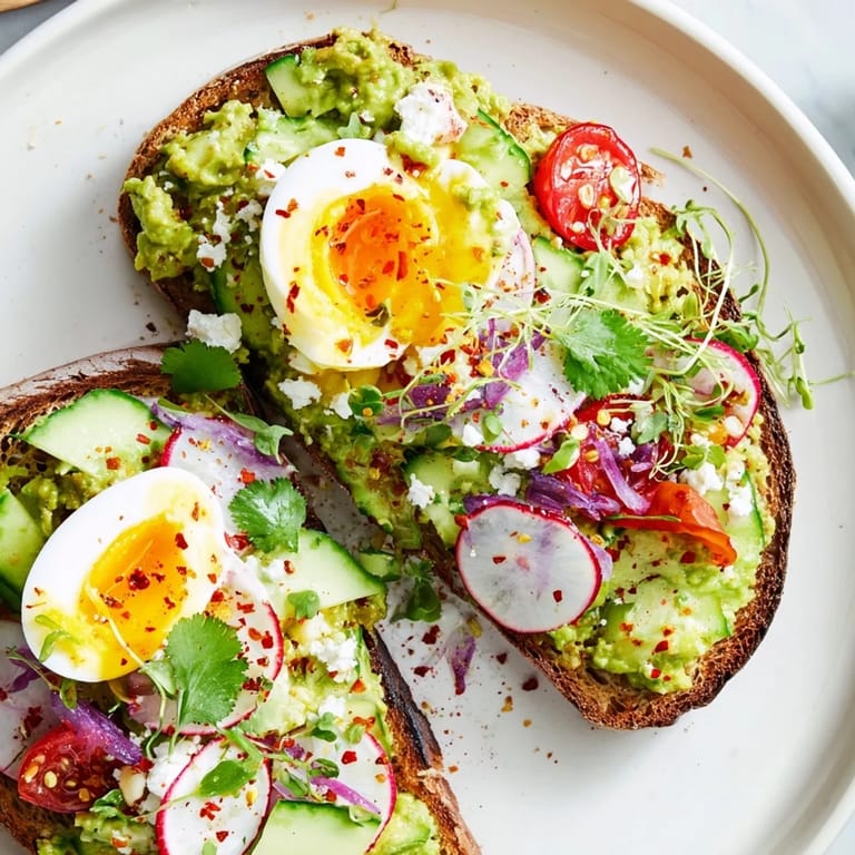 Enjoy delicious loaded avocado toast with a perfectly runny yolk and fresh garnishes.
