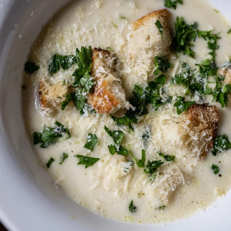 A close-up of the flavorful Creamy Garlic Bread Soup, showing the blend of bread, cream, and garlic.