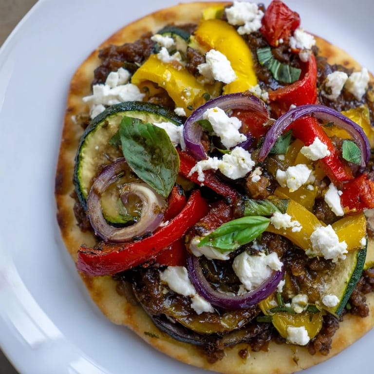 A close-up of a bubbling naan bread pizza showcasing the delicious olive tapenade and feta.