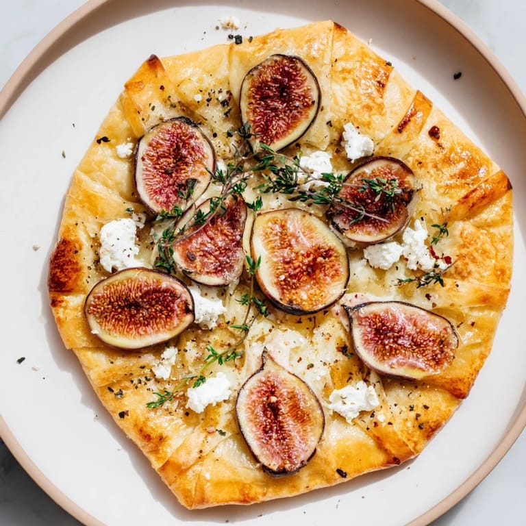 Enjoy a close-up of this gourmet puff pastry pizza, featuring truffle oil and honey drizzled over the baked masterpiece.