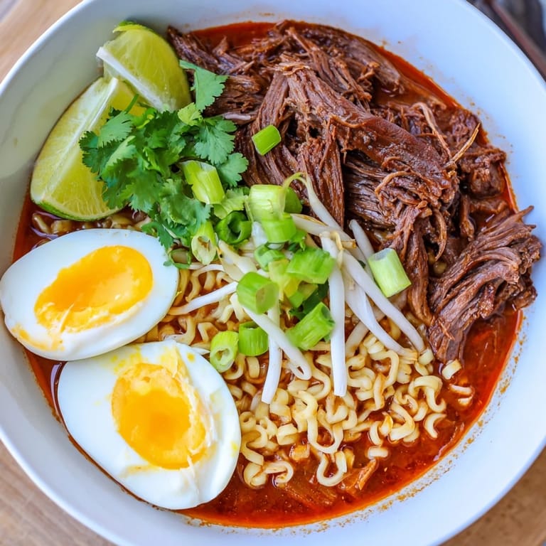 Savor the aroma of this homemade Chaos Cooking Birria Ramen, with fresh cilantro and a lime wedge.