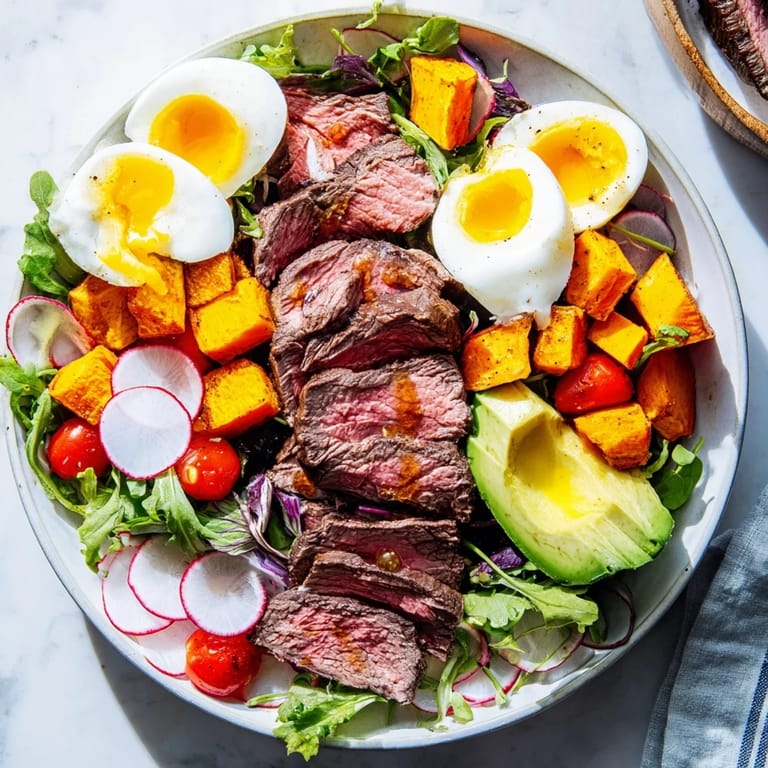 This nourishing High-Protein Beef Avocado Bowl showcases sliced beef, fresh greens, and a tangy dressing.