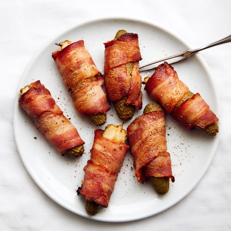 Twelve golden-brown bacon-wrapped pickle halves on a rustic platter, ideal for game day snacking.