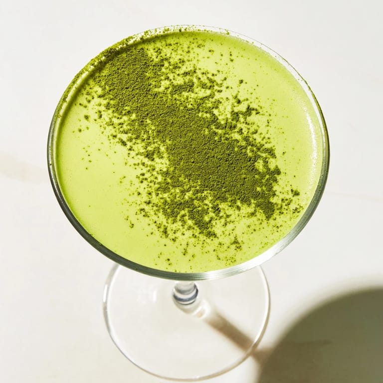 Matcha Martini garnished with white chocolate shavings, showing a smooth, velvety pour in a martini glass.  