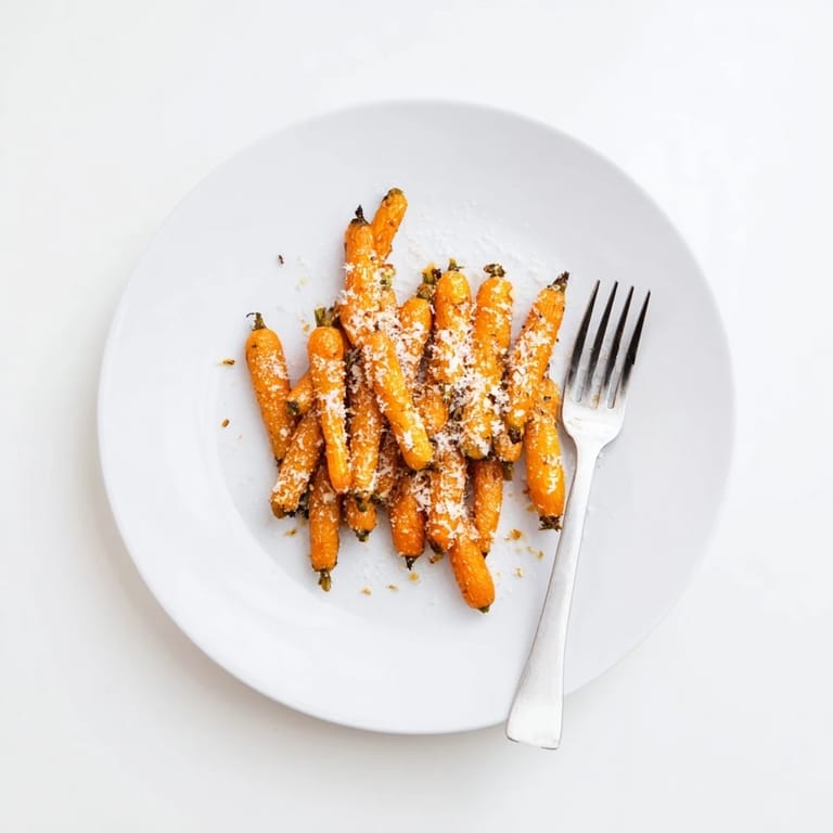 Perfectly roasted Parmesan baby carrot chips, golden and crisp, served as a tasty side dish.