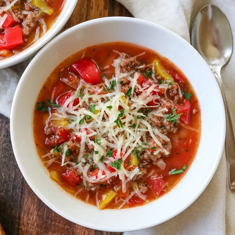 Hearty Italian-American pizza soup simmering with rich sauce, sausage, and gooey mozzarella.