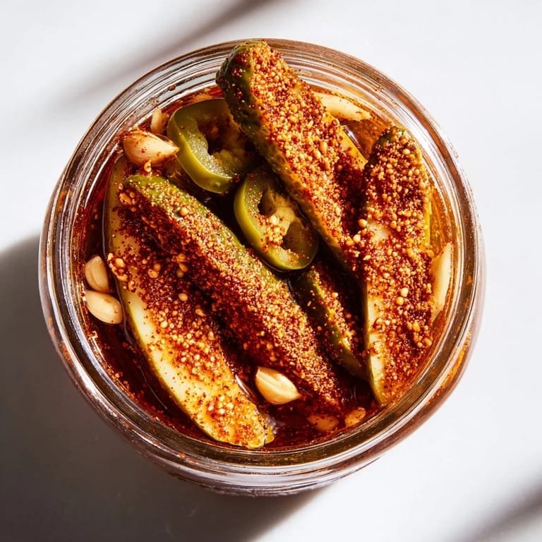 A jar of Taco Pickles garnished with fresh garlic and red pepper flakes, ready to marinate.