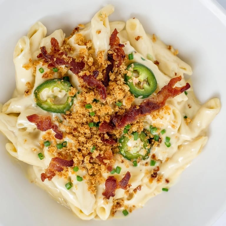 Steaming skillet of Jalapeño Popper Pasta topped with fresh chives and toasted panko breadcrumbs.