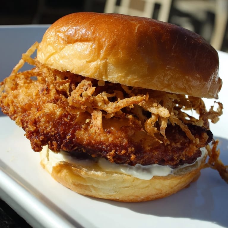 Freshly assembled Crispy Onion Chicken Sandwich showing golden-brown breading and crunchy onion rings on soft bread.