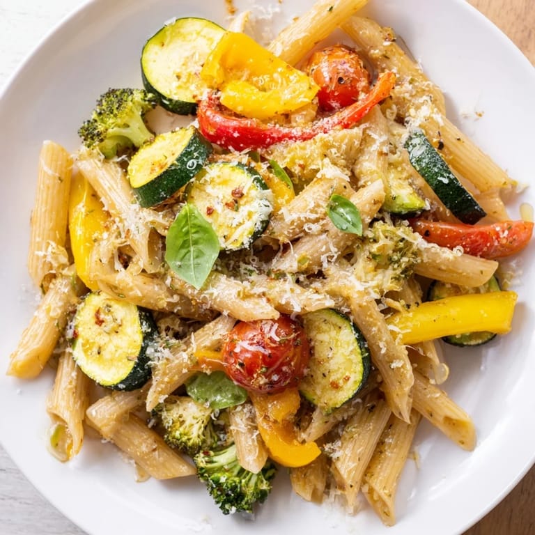Serving suggestion for Pasta Primavera with lemon wedges and fresh basil on a rustic table setting.