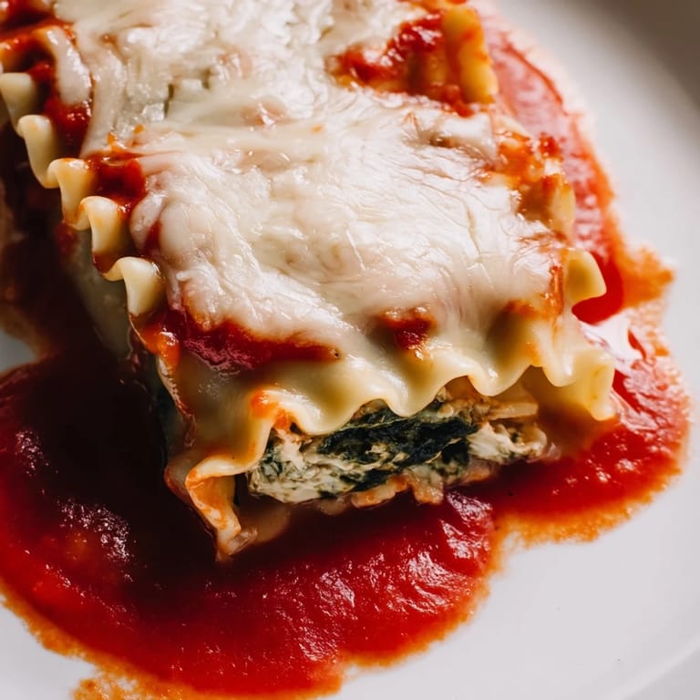 Tender lasagna noodles rolled with creamy ricotta, shredded chicken, and vibrant spinach, smothered in rich tomato sauce and baked until golden.