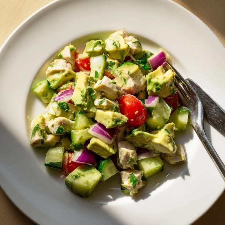 Healthy avocado chicken salad in a glass bowl, tossed with olive oil and herbs, perfect for a quick lunch.