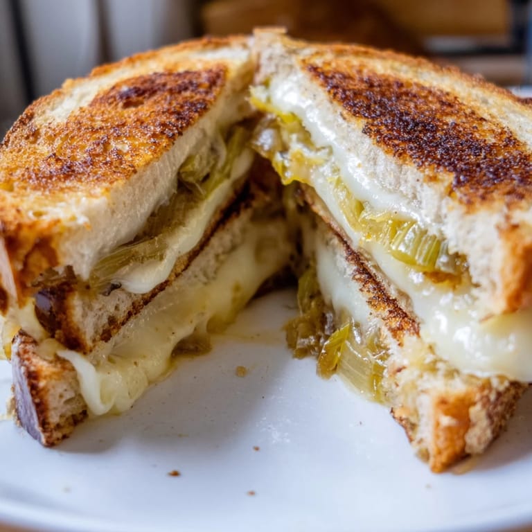 A close-up view of the Havarti & Caramelized Leek Grilled Cheese, with gooey cheese stretching from between crispy, golden-brown bread slices.