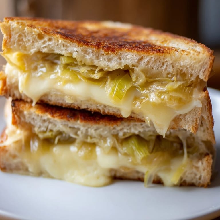 This decadent Havarti & Caramelized Leek Grilled Cheese is perfectly grilled and sliced in half, revealing the creamy filling on a rustic board.